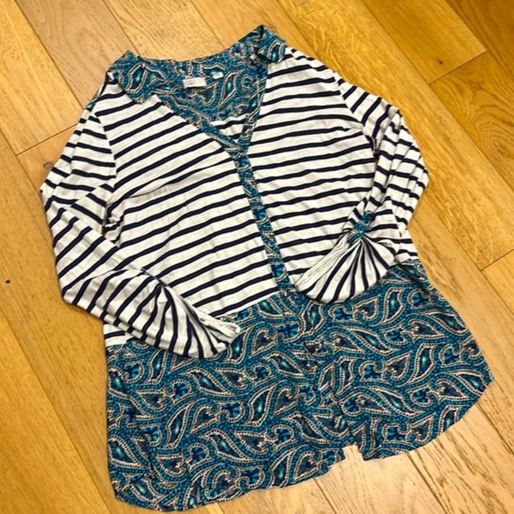 Anthropologie Mixed Media Blouse | Striped & Paisley Contrast Top | Boho Chic - Picture 2 of 9